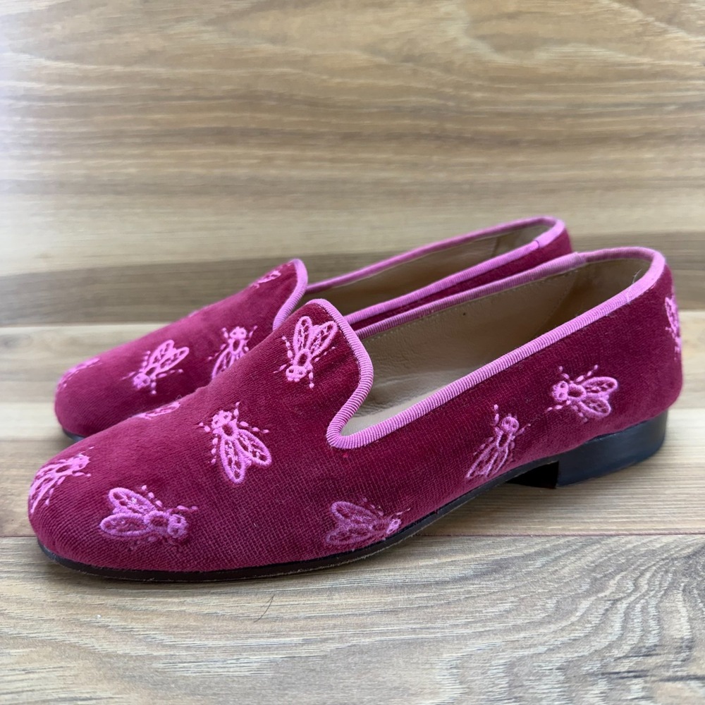 Stubbs & Wootton Berry Velvet Embroidered Bee Loafers